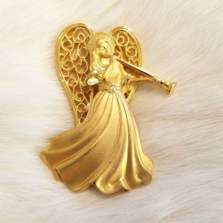Vintage Jj Angel Trumpet Brooch Pin Brushed Gold Rhinestone Textured Wings 2815