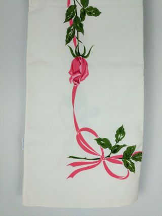 California Hand Prints Vtg 50s Tablecloth Pink Floral Roses Ribbons 52 X 46 "