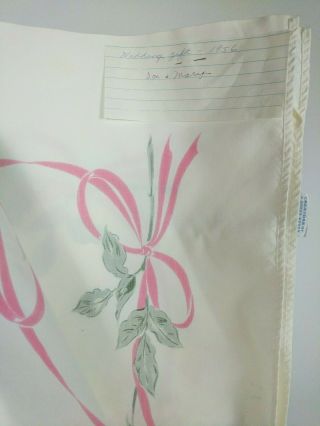 CALIFORNIA HAND PRINTS VTG 50s Tablecloth Pink Floral Roses Ribbons 52 x 46 