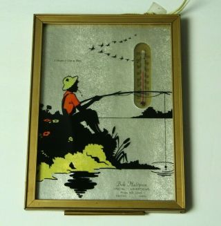 Vintage Thermometer Glass Framed Picture Advertising Boy Fishing Shadow Nature