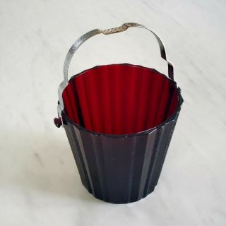 Vintage Ruby Red Ribbed Glass Ice Bucket With Metal Handle Anchor Hocking