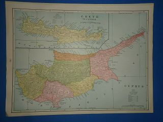 Vintage 1893 Crete - Cyprus Map Old Antique Atlas Map