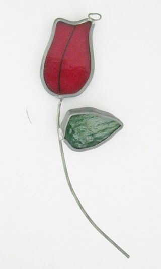 Vintage Stained Glass Tiffany Rosebud Suncatcher Red Design Nr