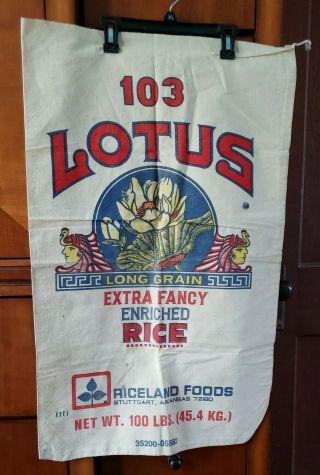 Vtg Lotus Long Grain Extra Fancy Rice 100 Lbs Sack Bag.  Stuttgart,  Arkans