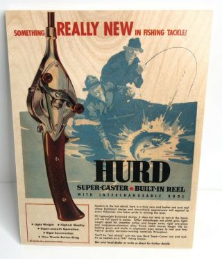 Hurd Caster Fishing Reel Color Print Ad Chart On Wood Man Cave