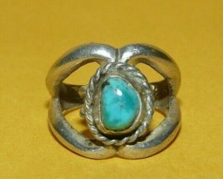 Vtg Old Pawn Native Navajo " Sandcast " Sterling Silver W/ Turquoise Ring Size 5