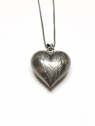 Vintage 925 Sterling Silver Etched Puffy Heart Pendant