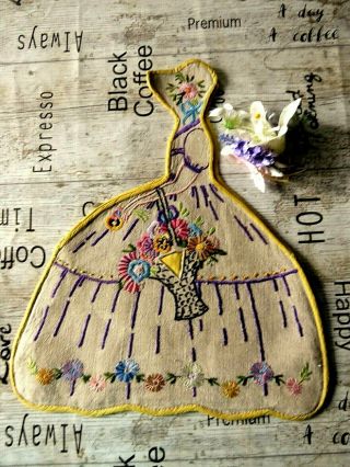 Vintage Hand Embroidered Linen Bag - Crinoline Lady & Flower Basket