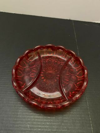 Vintage Mid Century Modern Le Smith Glass Red Moon And Stars Divided Red Dish