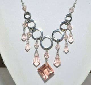 Gorgeous Vintage Art Deco Salmon Pink Glass Dropper Necklace With Circular Links