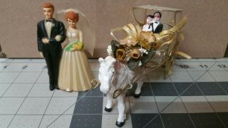2 Vintage Wedding Cake Toppers Horse Drawn Carriage Princess Coach White