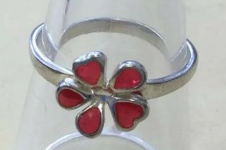 Vintage Sterling Silver 925 Red Enameled Floral Ring Sz 7.  75 Da89