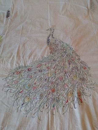 Vintage Unfinished Peacock Hand Embroidered Cotton Blend Bedspread 80 " X 100 "