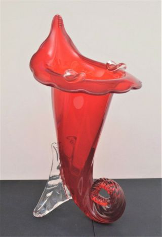 Vintage Art Glass Murano Style Hand Blown Red Cornucopia Vase