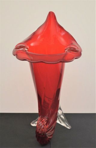 VINTAGE ART GLASS MURANO STYLE HAND BLOWN RED CORNUCOPIA VASE 3