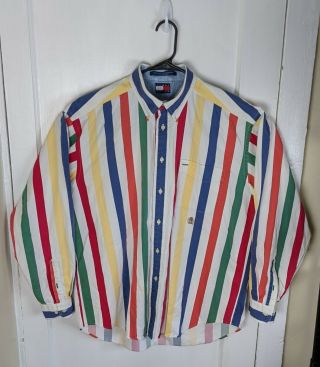 Vtg Tommy Hilfiger Colorful Vertical Stripe L/s Shirt Colorblock Men L 90s Retro