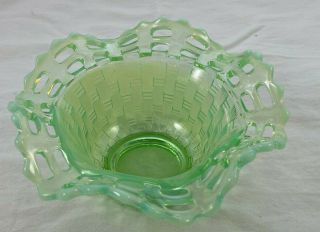 Vintage Fenton? Art Glass Opalescent Green Basketweave Bowl Ruffled Lace Edge 6 "
