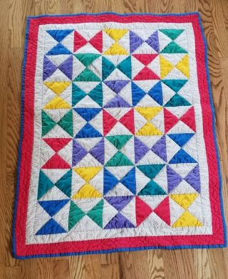 Vintage Baby Blanket Quilt Primary Colors 32 " X 41 " Hand Stitched