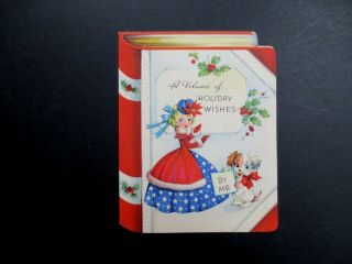 K408 - Vintage Xmas Greeting Card Pretty Lady In Patriotic Dress With Puppy Dog
