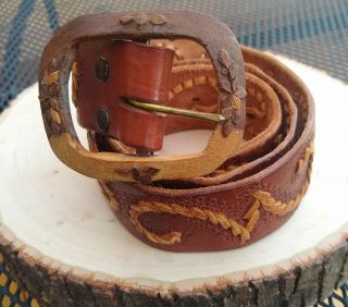 Vintage 70s Boho Leather Belt With Wood Buckle Made In Mexico Unisex Size Small
