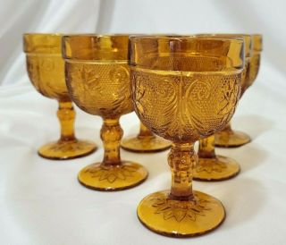 Vintage Set Of 6 Indiana Tiara Amber Sandwich Pattern Small Wine Goblet Glasses