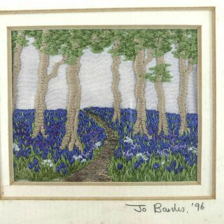 Framed Embroidery Art Bluebell Woods Uk Signed Jo Bairles 1996 2x2.  5in Small Vtg
