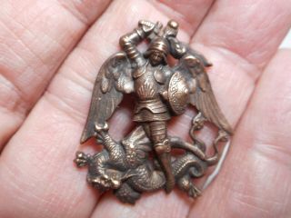 Archangel Michael Slaying The Dragon Pierced Brass Vintage Button 1 - 1/4 " Np