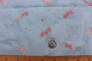 Swiss Vintage Pink Embroidered Florals On Blue Ground Fabric C1920 18 " X12 " Dolls