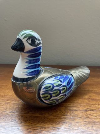 Vintage Tonala Mexican Pottery Folk Art Bird Brass Body Accents