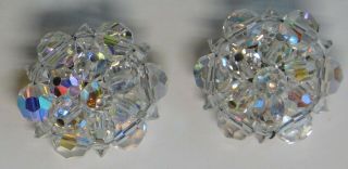 Vintage Ab Aurora Borealis Glass Beaded Cluster Clip On Earrings