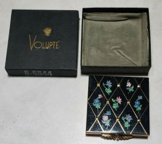 Vintage Volupte Black Enamel Gold Tone Floral Makeup Compact W/ Box
