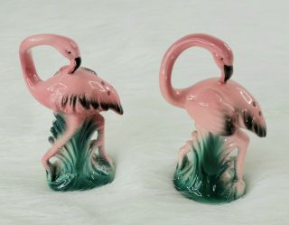Vintage Pink Flamingos Preening Salt & Pepper Shakers Japan 4 " Tall