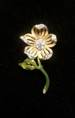 Vintage Nolan Miller Gold Tone Rhinestone Enamel Cream Flower Brooch
