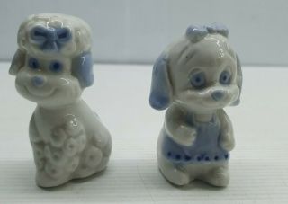 Blue White Dog Pair Retro Vintage Salt And Pepper Shakers Set Poodle Bowtie