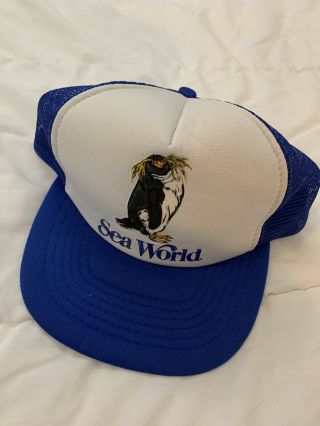 Vtg Sea World Crested Penguin Trucker Snap Back Hat Blue White Adjustable