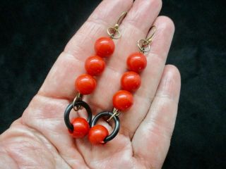 Vintage - Red & Black Lucite Bead Dangle Pierced Earrings