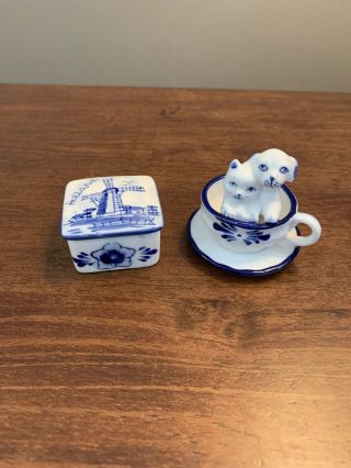 Mini Vntg Delft Blue Holland Windmill Trinket Box And Cat Dog Tea Cup And Saucer