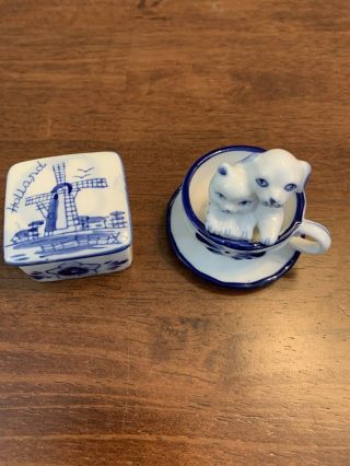 Mini Vntg Delft Blue Holland Windmill Trinket Box And Cat Dog Tea Cup And Saucer 2