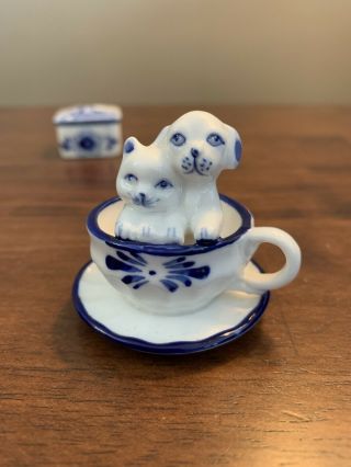 Mini Vntg Delft Blue Holland Windmill Trinket Box And Cat Dog Tea Cup And Saucer 3
