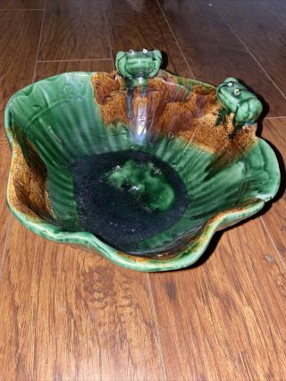Vintage Majolica Style Two Frogs On Lily Pad Ceramic Bowl Or Planter