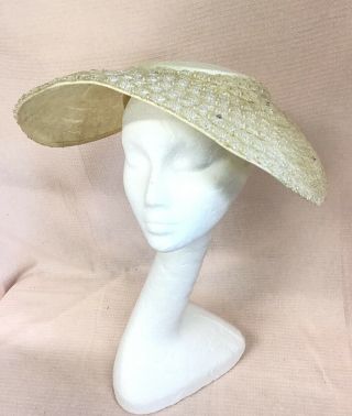 Vtg 1940s 50s White Straw Boater Hat Sun Hat Wide Brim