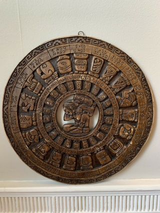 Vtg Aztec Mayan Resin Sun Calendar Wall Hanging Plaque 11” Round