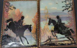 Vtg Silhouette Reverse Painted Convex Glass Pictures Fox Hunting