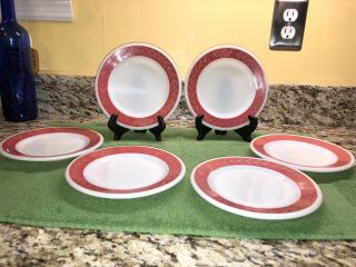 Set Of 6 Vintage Pyrex Double Tough 6 3/4” Red Laurel Leaf Dessert Plates.  Usa