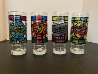 4 Vintage Stained Glass Style Beer Glass Black Label Pabst Schlitz Shaffer