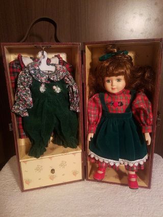 Vintage Porcelain Dress Up Doll In Wooden Wardrobe Box With 3 Outfit With Shoes