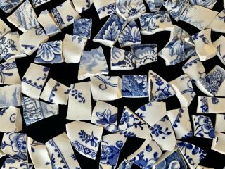 Broken China Mosaic Tiles Blue & White Vtg Mixed Blues 110,  Pc 3 Patterns Set C