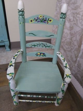 Vintage Green Wooden Doll Chair Ladder Back Hand Painted Floral Cond.