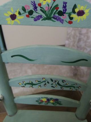 Vintage Green Wooden Doll Chair Ladder Back Hand Painted Floral COND. 2