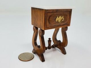 Dollhouse Miniature Artisan Vtg.  Wood Side Table Marble Top,  Sliding Drawer 1:12